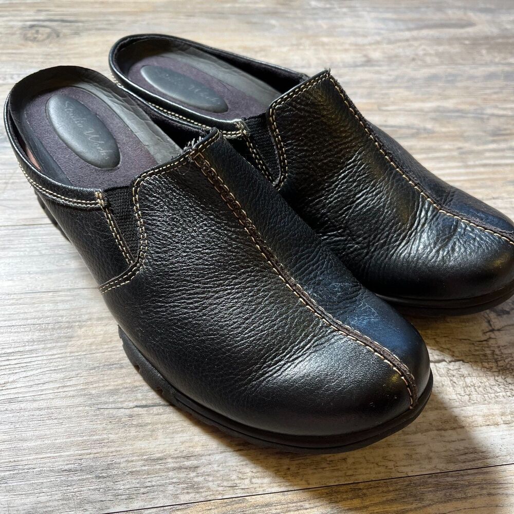 Leather Clogs Women's 7 Dark Brown Black Studio Works Slide On Stiching Y2K Vtg